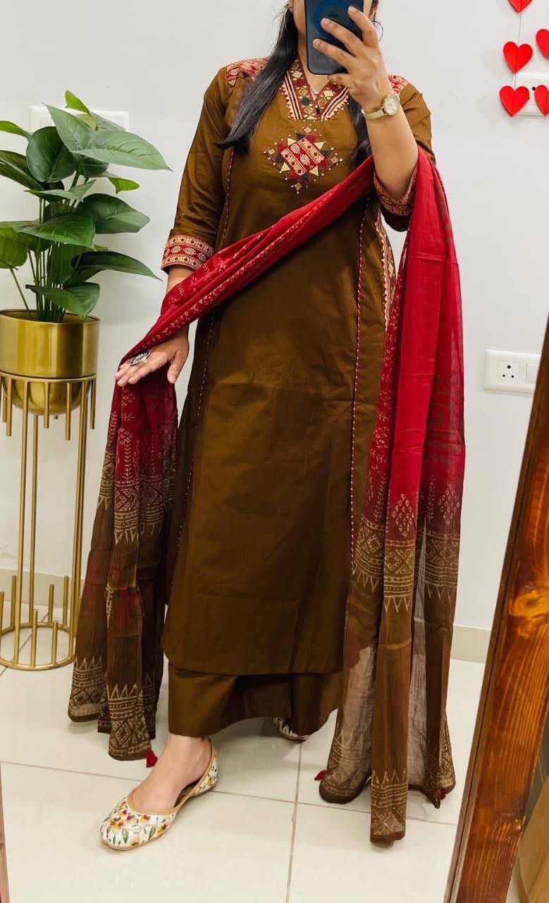 Women’s Premium Cotton 3-Piece Suit Set | Embroidered Straight Kurti with Designer Yoke, Pockets & Printed Mulmul Dupatta