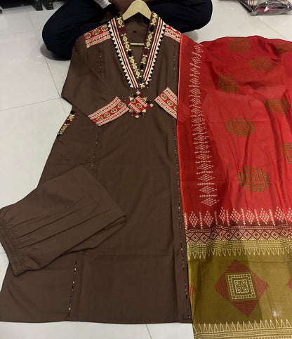 Women’s Premium Cotton 3-Piece Suit Set | Embroidered Straight Kurti with Designer Yoke, Pockets & Printed Mulmul Dupatta
