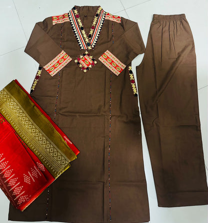 Women’s Premium Cotton 3-Piece Suit Set | Embroidered Straight Kurti with Designer Yoke, Pockets & Printed Mulmul Dupatta