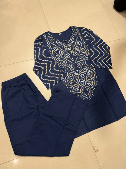 Women’s Premium Cotton Bandhani Co-ord Set | Handwork & Original Mirror Neck Detail with Kaudi Tassels