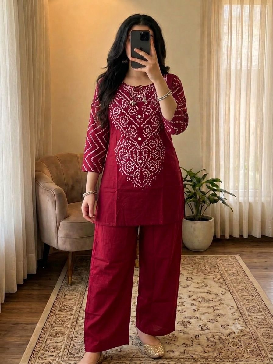 Women’s Premium Cotton Bandhani Co-ord Set | Handwork & Original Mirror Neck Detail with Kaudi Tassels