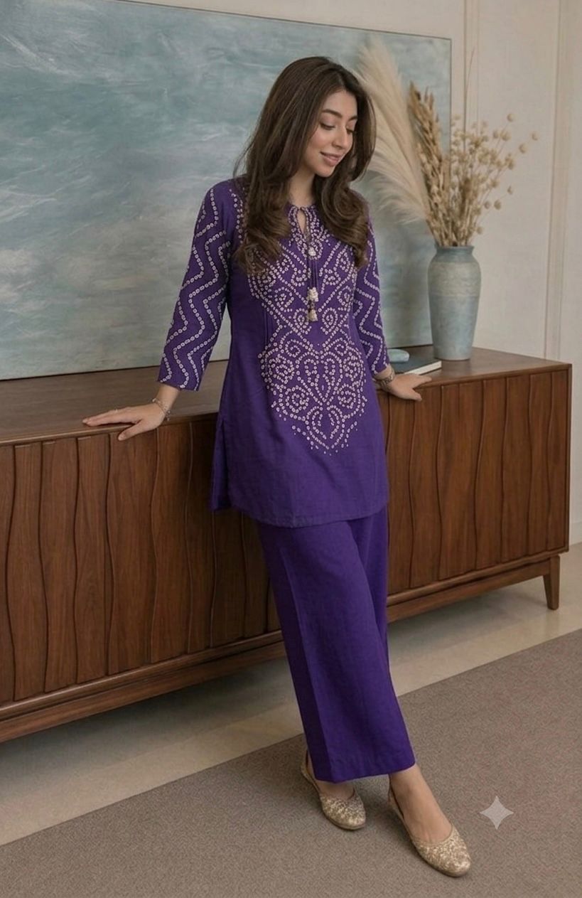 Women’s Premium Cotton Bandhani Co-ord Set | Handwork & Original Mirror Neck Detail with Kaudi Tassels