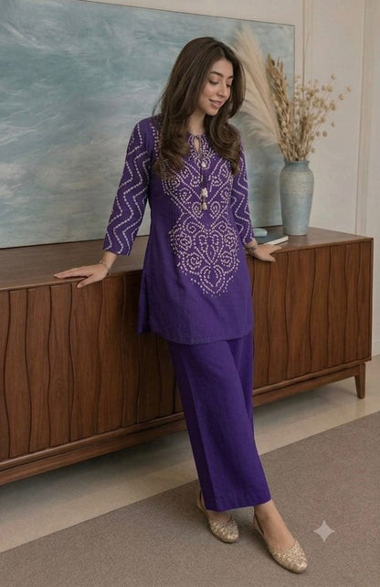 Women’s Premium Cotton Bandhani Co-ord Set | Handwork & Original Mirror Neck Detail with Kaudi Tassels