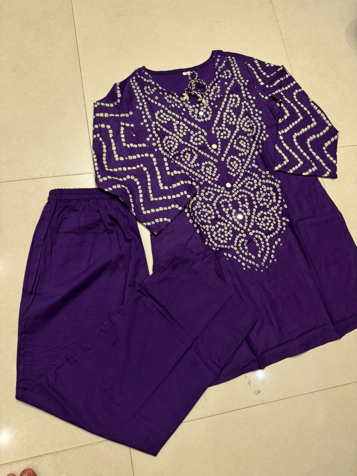 Women’s Premium Cotton Bandhani Co-ord Set | Handwork & Original Mirror Neck Detail with Kaudi Tassels
