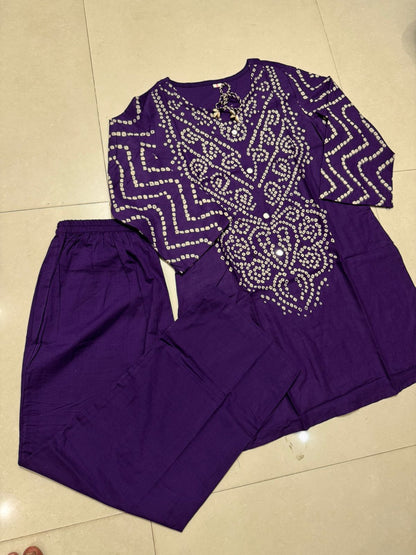 Women’s Premium Cotton Bandhani Co-ord Set | Handwork & Original Mirror Neck Detail with Kaudi Tassels