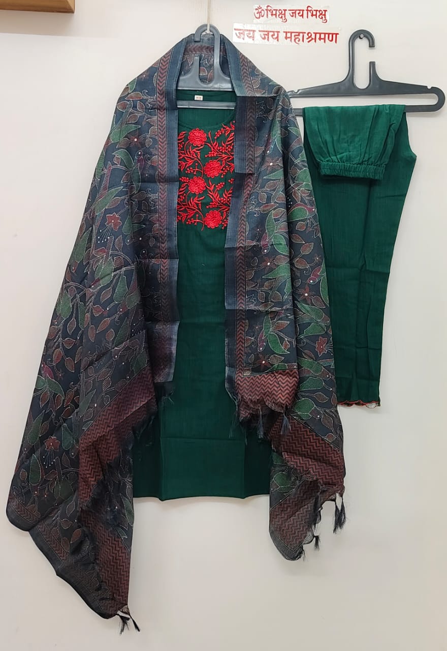 Women’s Handloom Khadi Cotton Embroidered Suit Set | Khadi Cotton Pant with Scalloping Embroidery & Kantha Print Silk Dupatta