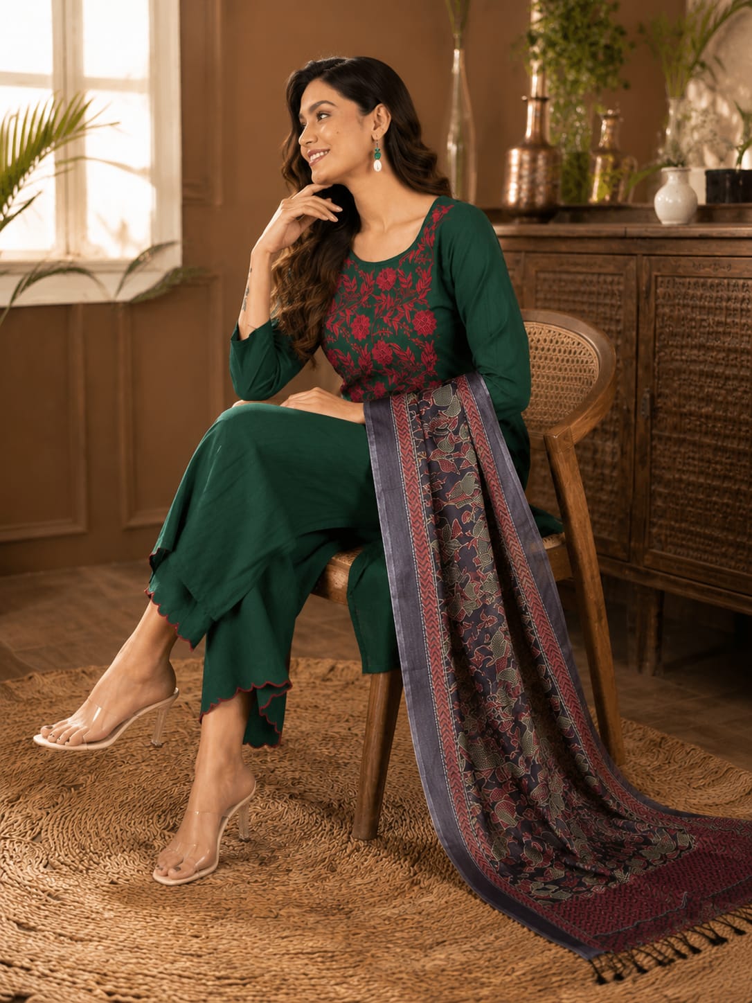 Women’s Handloom Khadi Cotton Embroidered Suit Set | Khadi Cotton Pant with Scalloping Embroidery & Kantha Print Silk Dupatta