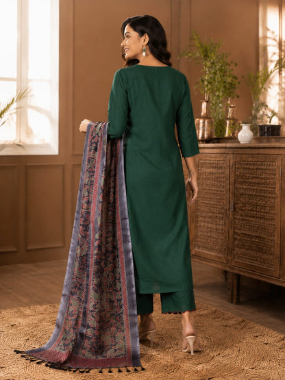 Women’s Handloom Khadi Cotton Embroidered Suit Set | Khadi Cotton Pant with Scalloping Embroidery & Kantha Print Silk Dupatta