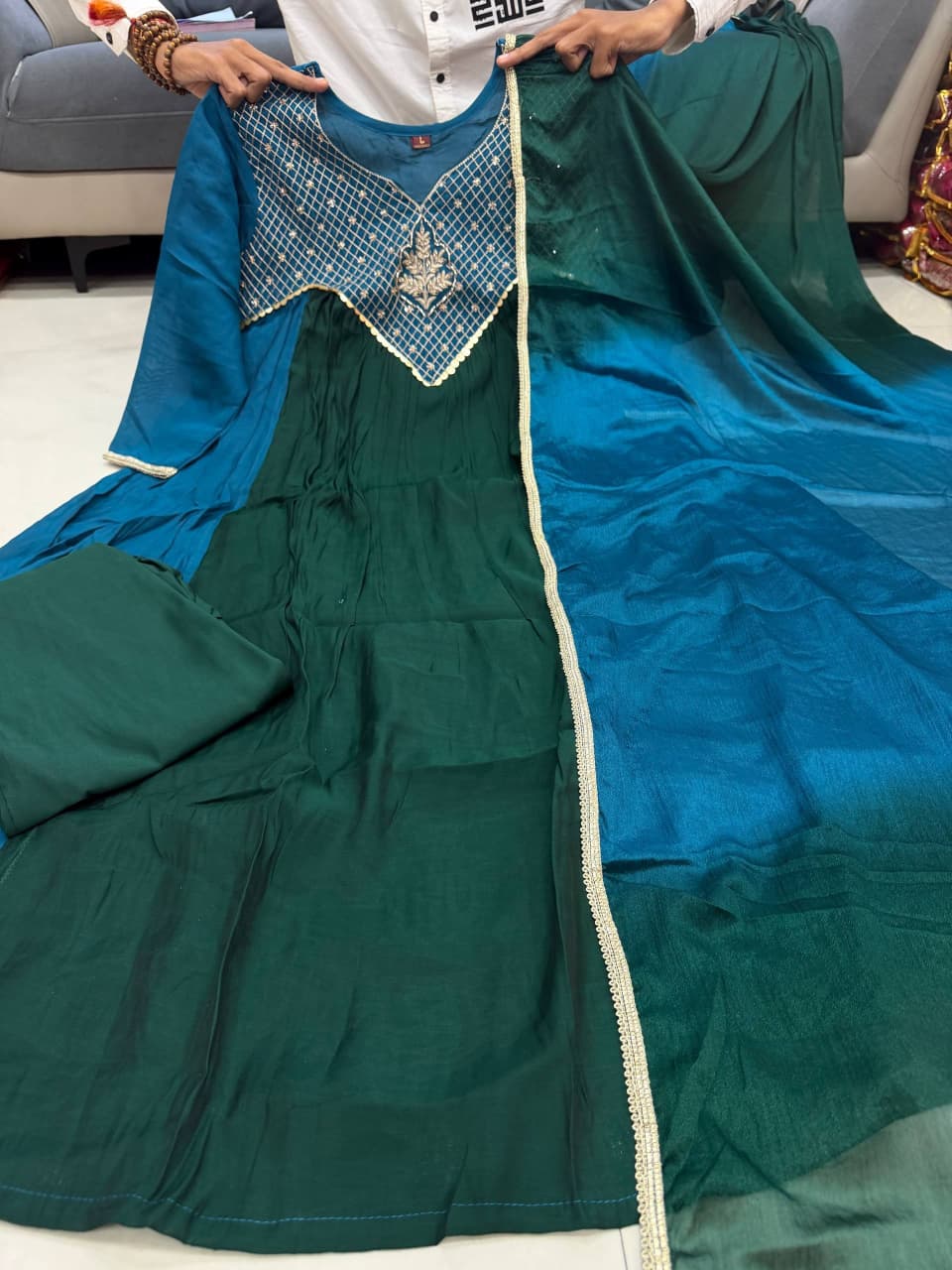 Women’s Premium Pure Mal Chanderi Anarkali Suit Set | Handwork Yoke with Golden Diamond-Grid Detailing, Pant & Dupatta