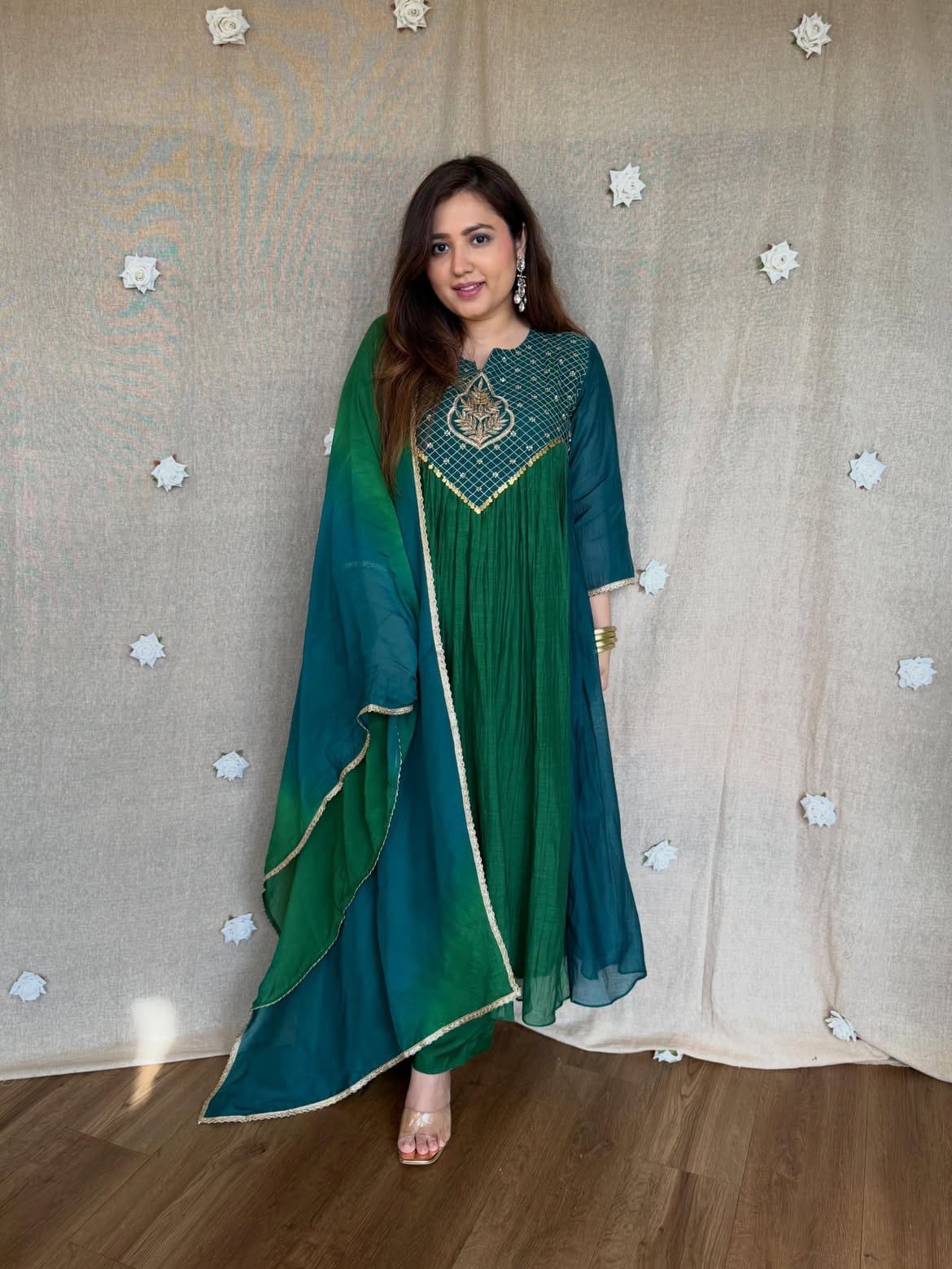 Women’s Premium Pure Mal Chanderi Anarkali Suit Set | Handwork Yoke with Golden Diamond-Grid Detailing, Pant & Dupatta