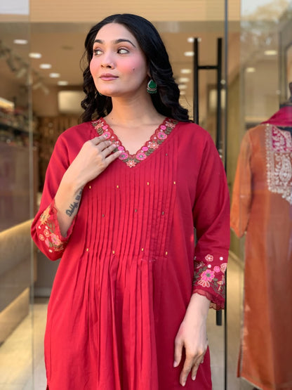 Women’s Pure Cotton 60/60 Embroidered Kurta Pant Dupatta Set | Printed Kurta with Moti Work Yoke & Embroidered Malmal Dupatta
