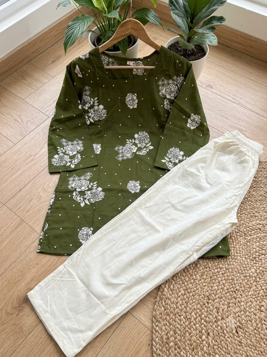 Women’s Premium Cotton 60/60 Floral Printed Kurti Pant Set | Elegant Casual & Office Wear 2-Piece Set