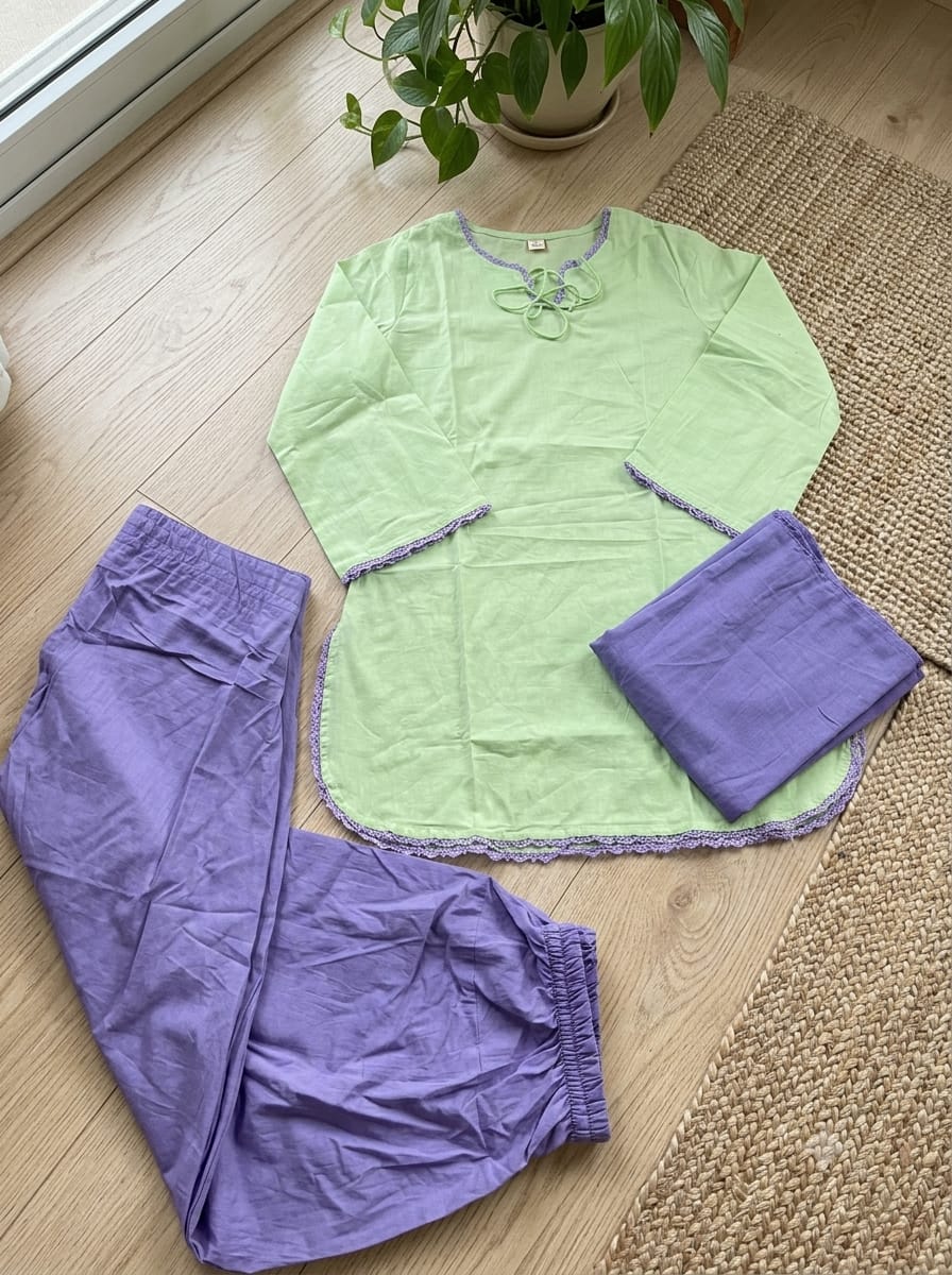 Women’s Premium Cotton 60/60 Square Neck Kurta Salwar Dupatta Set | Pistachio Green & Lavender 3-Piece Suit