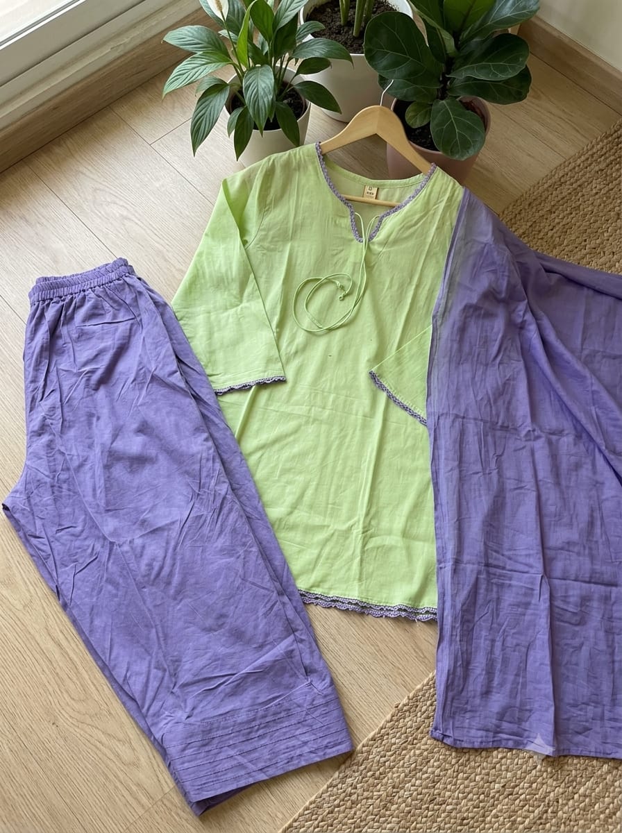 Women’s Premium Cotton 60/60 Square Neck Kurta Salwar Dupatta Set | Pistachio Green & Lavender 3-Piece Suit