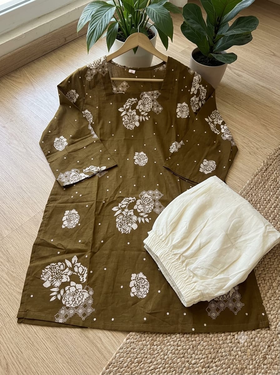 Women’s Premium Cotton 60/60 Floral Printed Kurti Pant Set | Elegant Casual & Office Wear 2-Piece Set