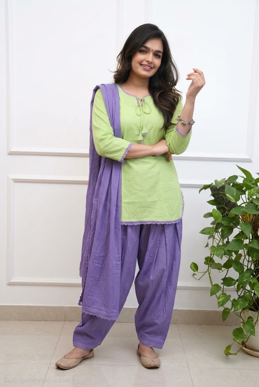 Women’s Premium Cotton 60/60 Square Neck Kurta Salwar Dupatta Set | Pistachio Green & Lavender 3-Piece Suit