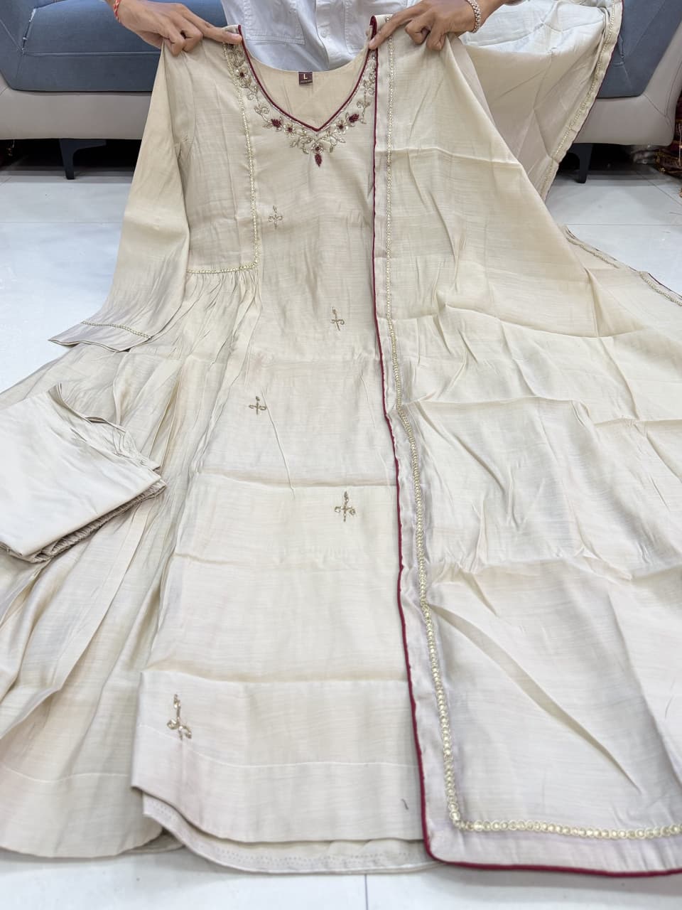 Women’s Pure Mul Chanderi Anarkali Kurta Set | Heavy Handwork Neckline with Embroidery, Sequins & Bead Detailing | 3-Piece Set