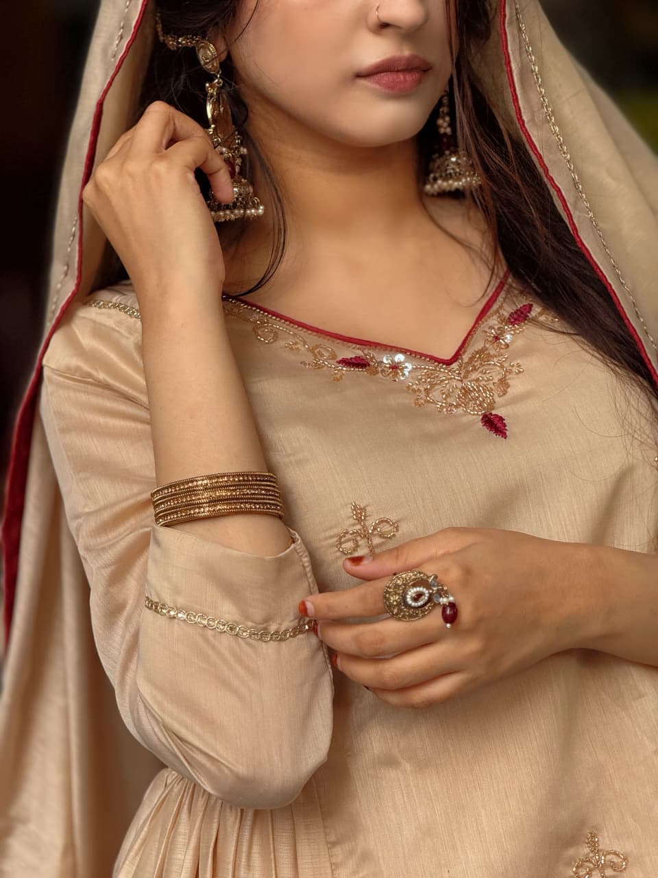 Women’s Pure Mul Chanderi Anarkali Kurta Set | Heavy Handwork Neckline with Embroidery, Sequins & Bead Detailing | 3-Piece Set