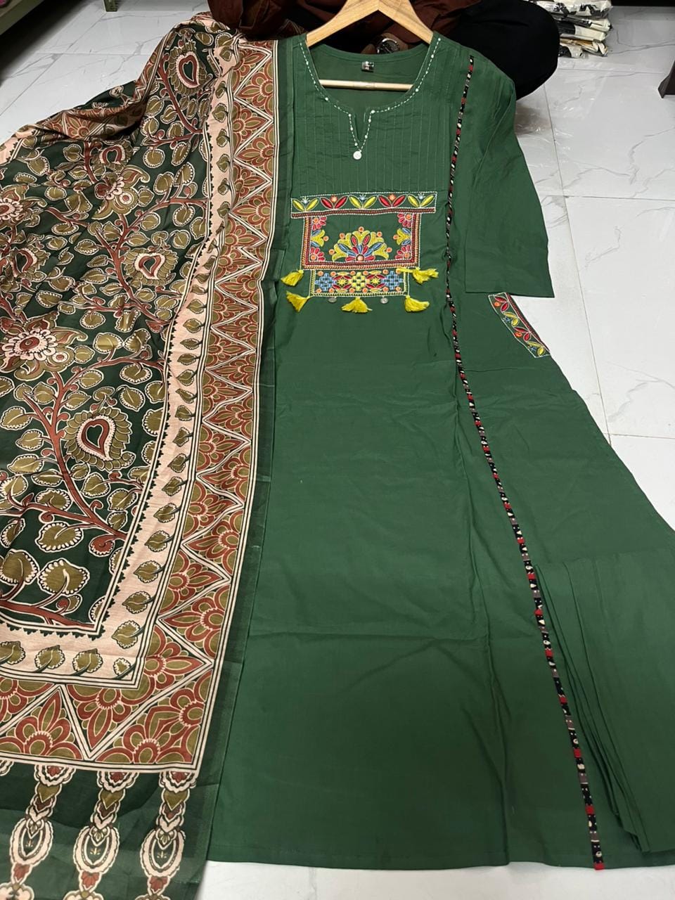 Women’s Premium Cotton 60/60 Embroidered Kurti Pant Dupatta Set | Full Katha Handwork & Pintuck Detailing | 3-Piece Suit