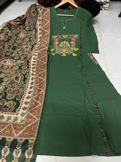 Women’s Premium Cotton 60/60 Embroidered Kurti Pant Dupatta Set | Full Katha Handwork & Pintuck Detailing | 3-Piece Suit