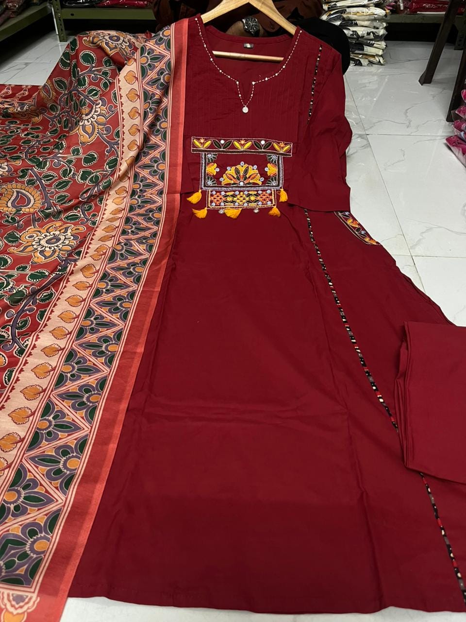 Women’s Premium Cotton 60/60 Embroidered Kurti Pant Dupatta Set | Full Katha Handwork & Pintuck Detailing | 3-Piece Suit