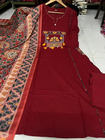 Women’s Premium Cotton 60/60 Embroidered Kurti Pant Dupatta Set | Full Katha Handwork & Pintuck Detailing | 3-Piece Suit