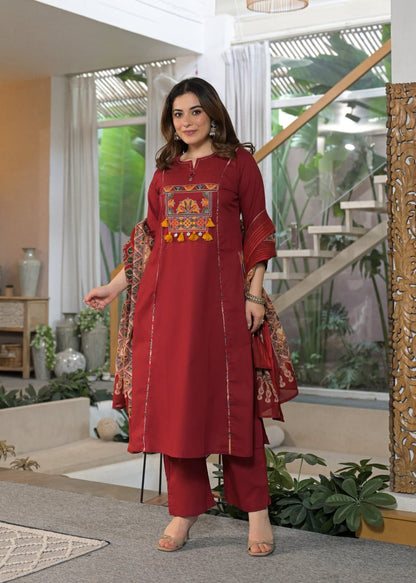 Women’s Premium Cotton 60/60 Embroidered Kurti Pant Dupatta Set | Full Katha Handwork & Pintuck Detailing | 3-Piece Suit