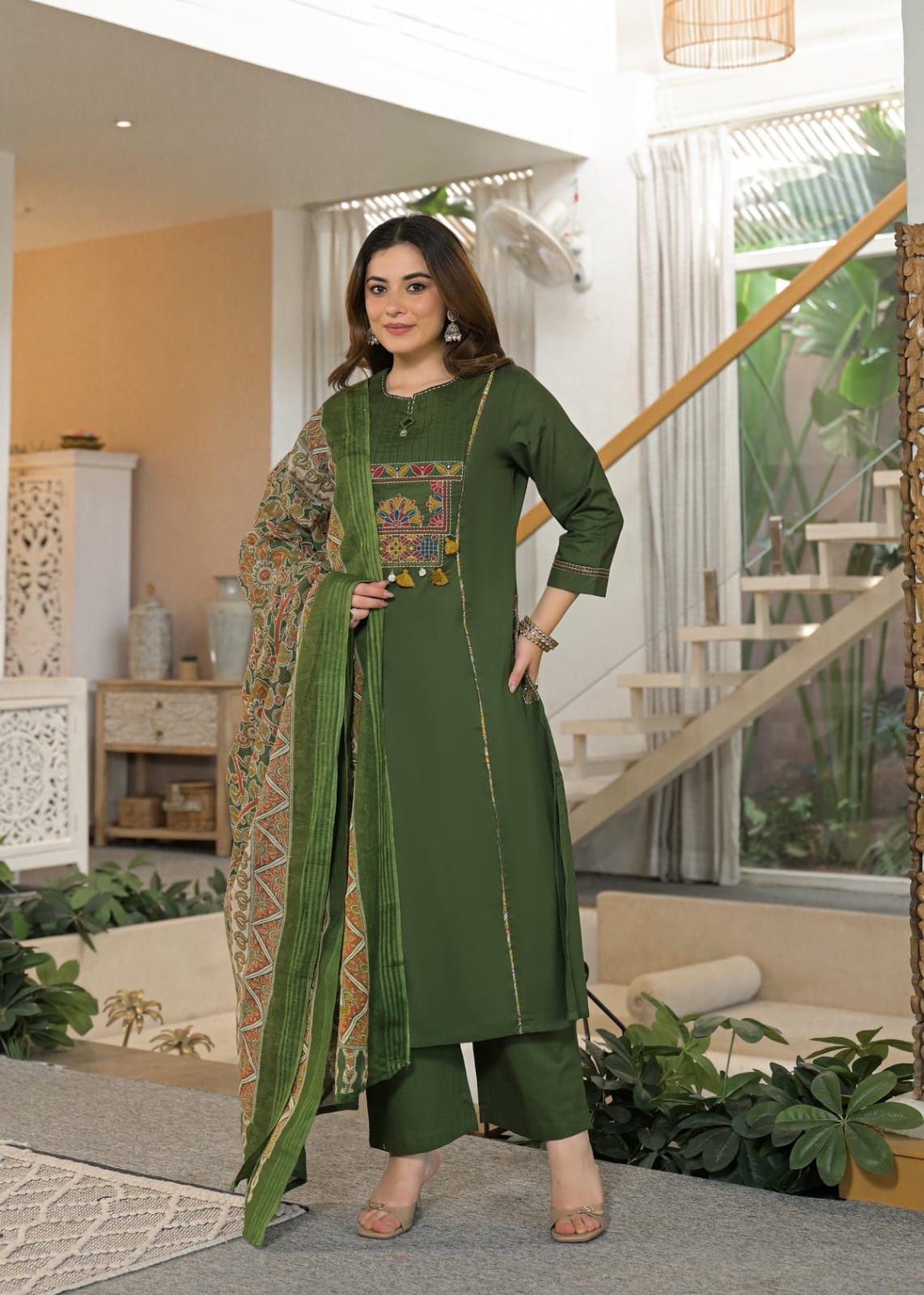 Women’s Premium Cotton 60/60 Embroidered Kurti Pant Dupatta Set | Full Katha Handwork & Pintuck Detailing | 3-Piece Suit
