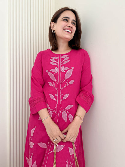 Women’s Cotton Rose Dust Embroidered Kurti Palazzo Co-ord Set | Stylish 2-Piece Ethnic Outfit