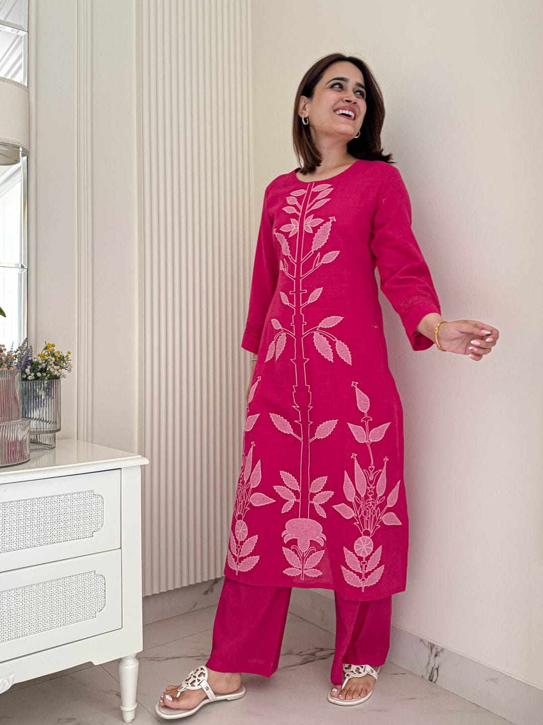 Women’s Cotton Rose Dust Embroidered Kurti Palazzo Co-ord Set | Stylish 2-Piece Ethnic Outfit