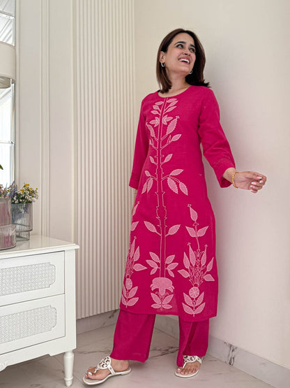 Women’s Cotton Rose Dust Embroidered Kurti Palazzo Co-ord Set | Stylish 2-Piece Ethnic Outfit