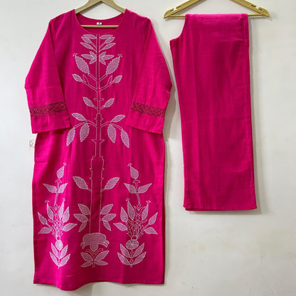 Women’s Cotton Rose Dust Embroidered Kurti Palazzo Co-ord Set | Stylish 2-Piece Ethnic Outfit