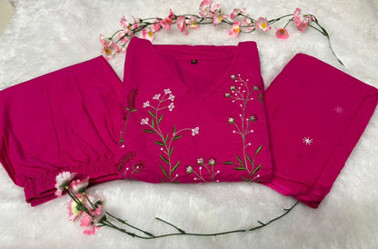 Women’s Cotton 60/60 Natra Cut Embroidered Kurta Pant Dupatta Set | Cotton Malmal Embroidered Dupatta | 3-Piece Set