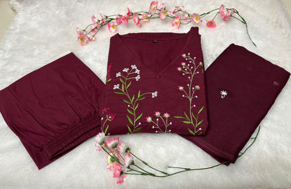 Women’s Cotton 60/60 Natra Cut Embroidered Kurta Pant Dupatta Set | Cotton Malmal Embroidered Dupatta | 3-Piece Set