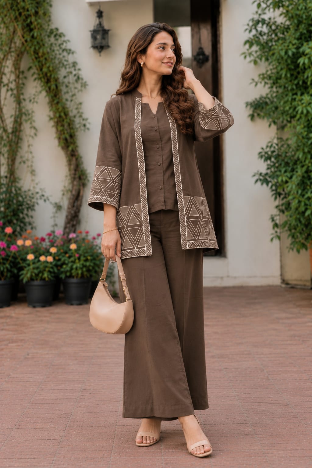 Women’s Premium Cotton Flex Embroidered Jacket Style Top with Inner & Straight Trousers | 3-Piece Co-ord Set