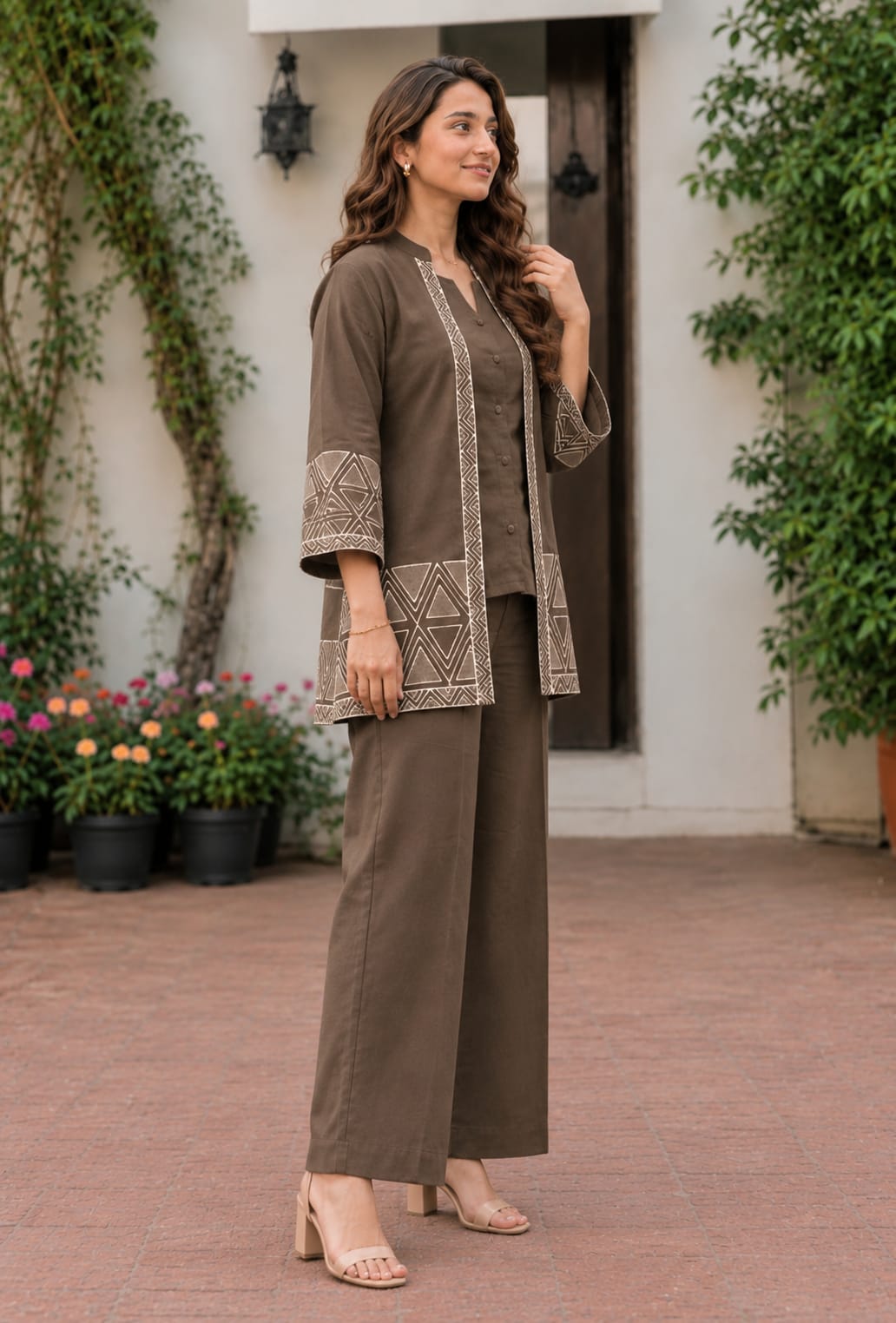 Women’s Premium Cotton Flex Embroidered Jacket Style Top with Inner & Straight Trousers | 3-Piece Co-ord Set