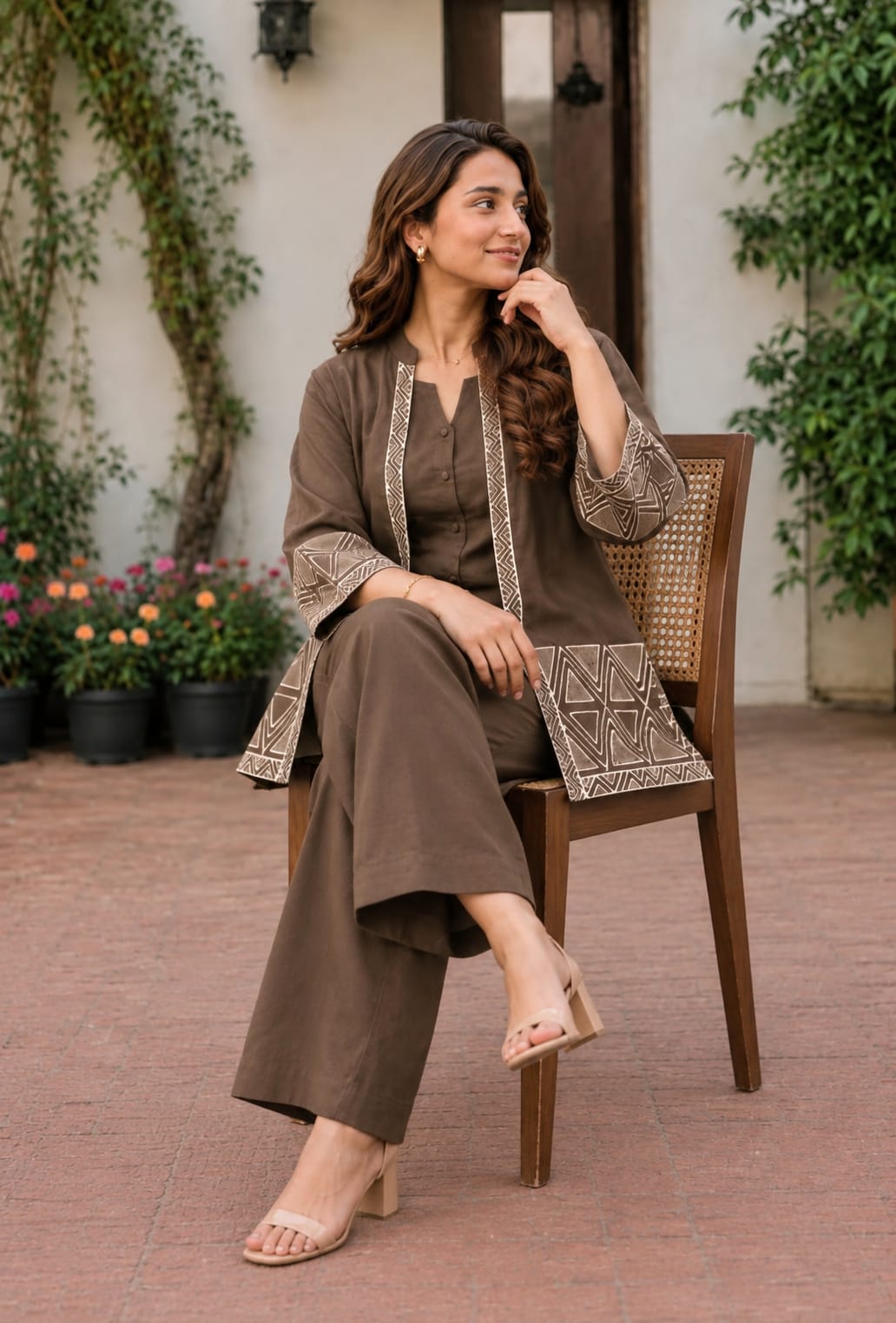 Women’s Premium Cotton Flex Embroidered Jacket Style Top with Inner & Straight Trousers | 3-Piece Co-ord Set