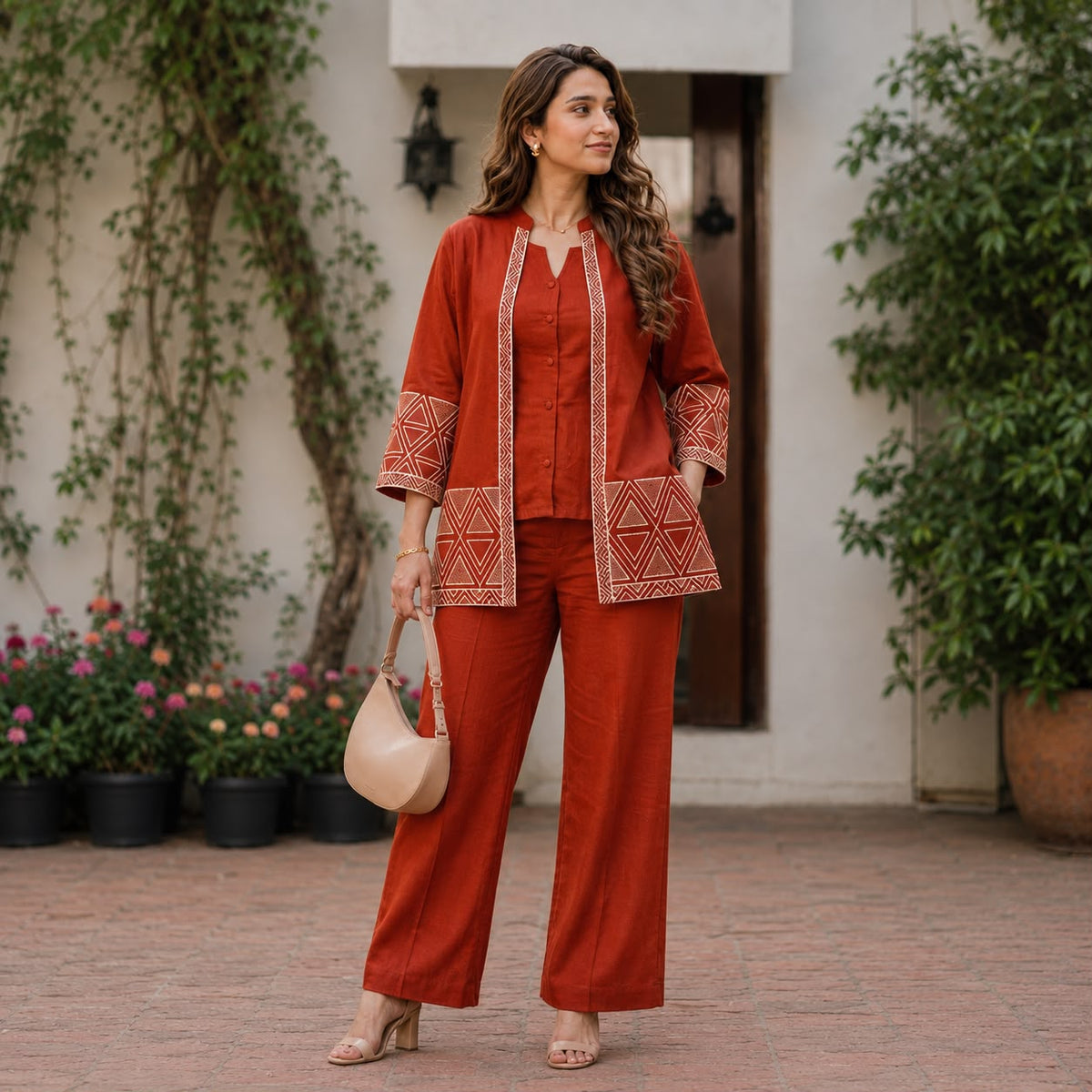Women’s Premium Cotton Flex Embroidered Jacket Style Top with Inner & Straight Trousers | 3-Piece Co-ord Set