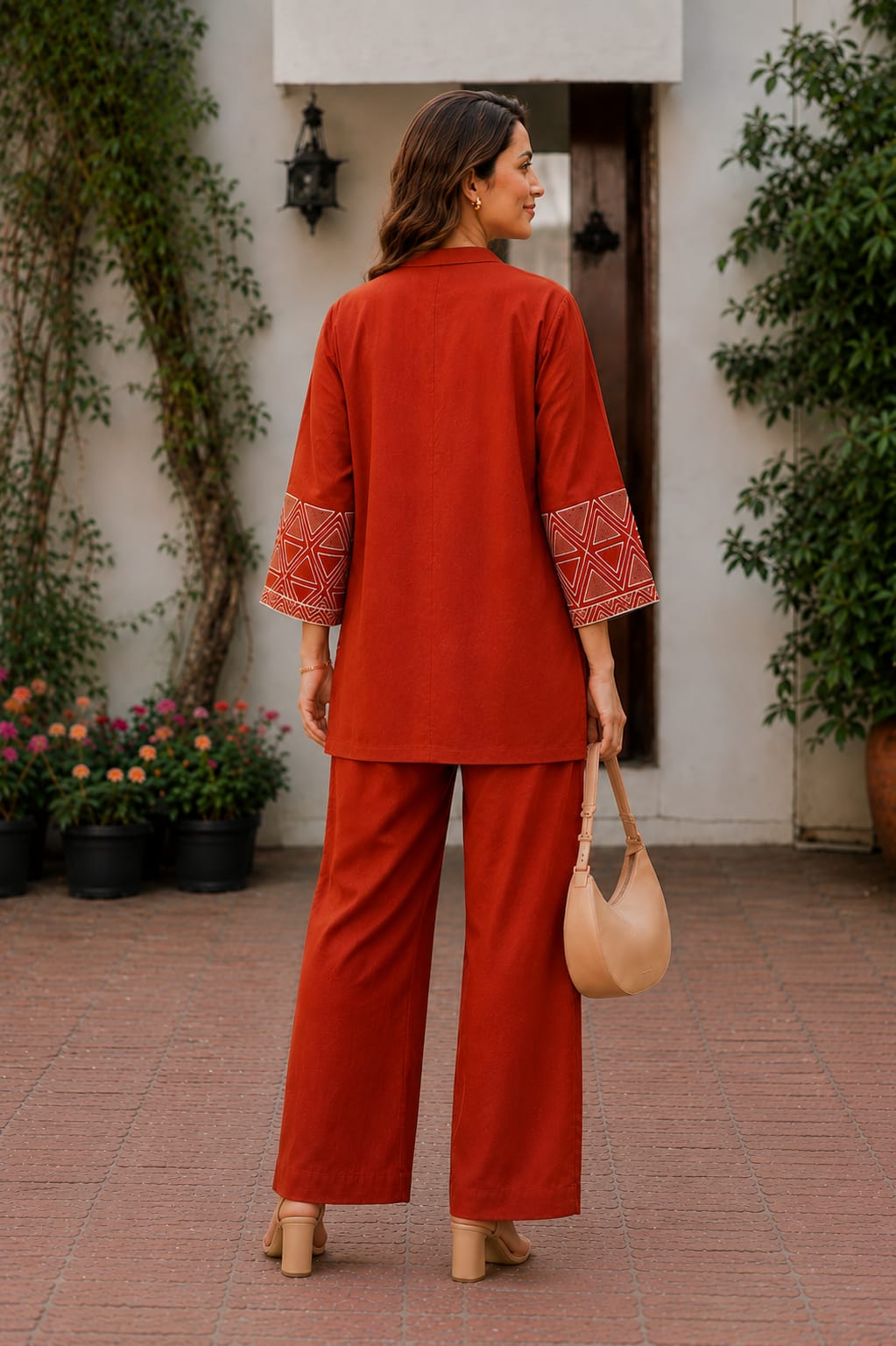 Women’s Premium Cotton Flex Embroidered Jacket Style Top with Inner & Straight Trousers | 3-Piece Co-ord Set