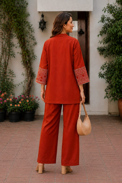 Women’s Premium Cotton Flex Embroidered Jacket Style Top with Inner & Straight Trousers | 3-Piece Co-ord Set