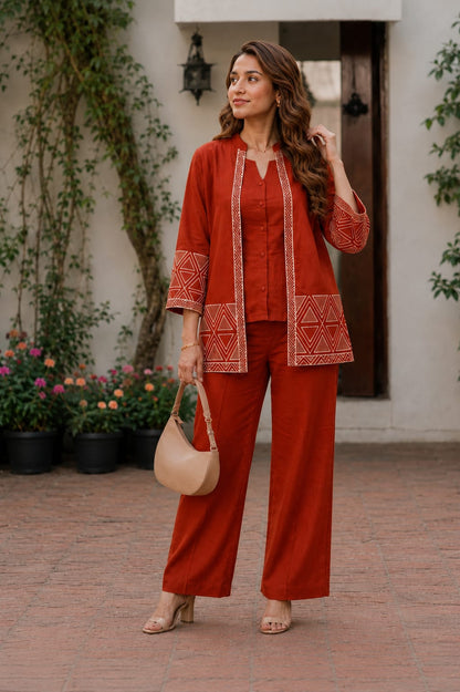 Women’s Premium Cotton Flex Embroidered Jacket Style Top with Inner & Straight Trousers | 3-Piece Co-ord Set