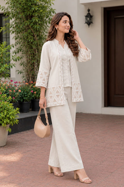 Women’s Premium Cotton Flex Embroidered Jacket Style Top with Inner & Straight Trousers | 3-Piece Co-ord Set