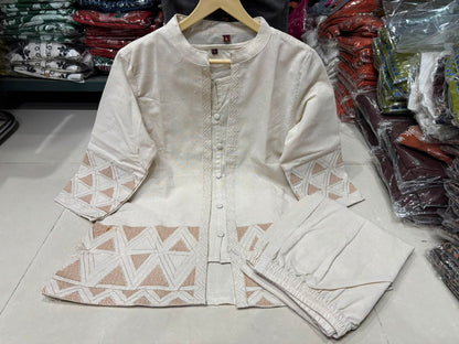 Women’s Premium Cotton Flex Embroidered Jacket Style Top with Inner & Straight Trousers | 3-Piece Co-ord Set