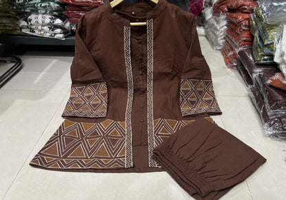 Women’s Premium Cotton Flex Embroidered Jacket Style Top with Inner & Straight Trousers | 3-Piece Co-ord Set