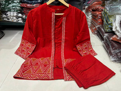 Women’s Premium Cotton Flex Embroidered Jacket Style Top with Inner & Straight Trousers | 3-Piece Co-ord Set