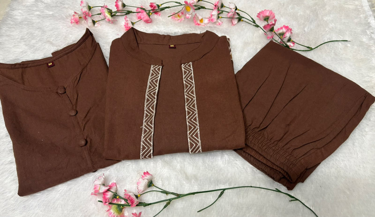 Women’s Premium Cotton Flex Embroidered Jacket Style Top with Inner & Straight Trousers | 3-Piece Co-ord Set