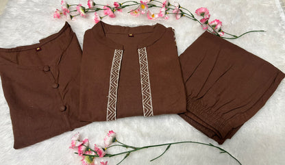 Women’s Premium Cotton Flex Embroidered Jacket Style Top with Inner & Straight Trousers | 3-Piece Co-ord Set