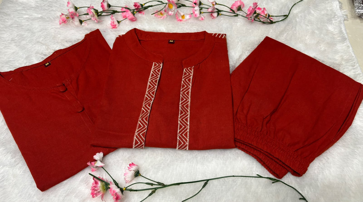 Women’s Premium Cotton Flex Embroidered Jacket Style Top with Inner & Straight Trousers | 3-Piece Co-ord Set
