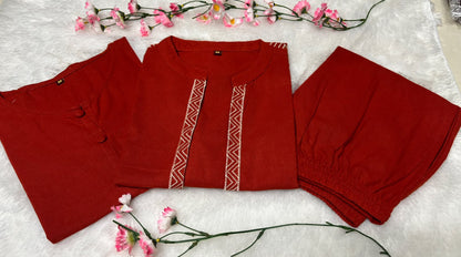 Women’s Premium Cotton Flex Embroidered Jacket Style Top with Inner & Straight Trousers | 3-Piece Co-ord Set