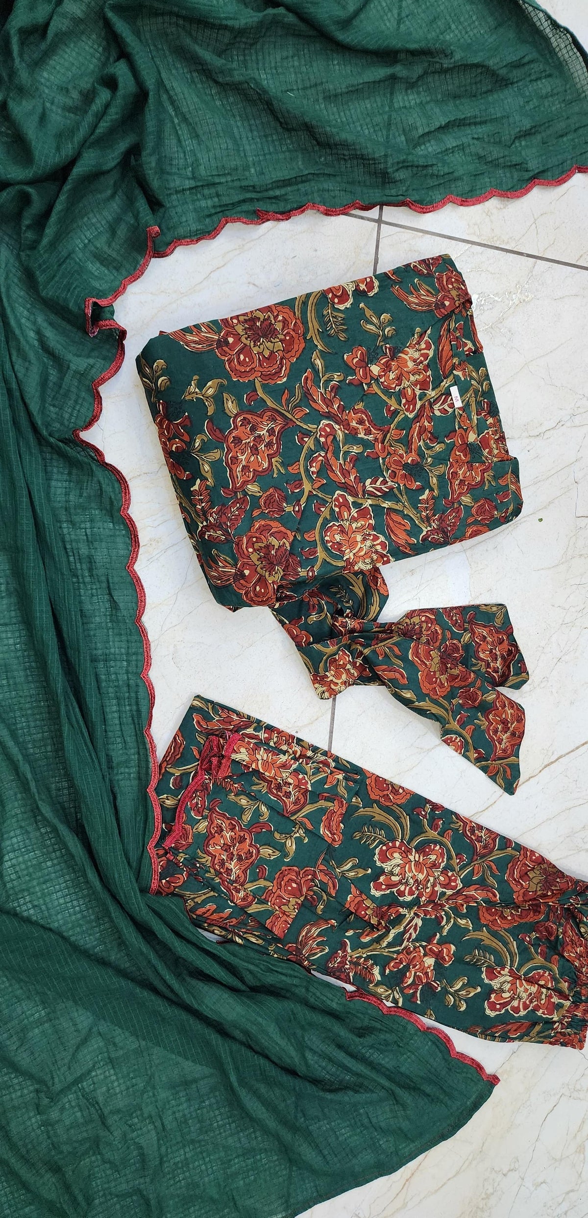 Women’s Noor Anarkali Cotton Suit Set | English Green Anarkali with Soft Pure Cotton Kota Doria Dupatta
